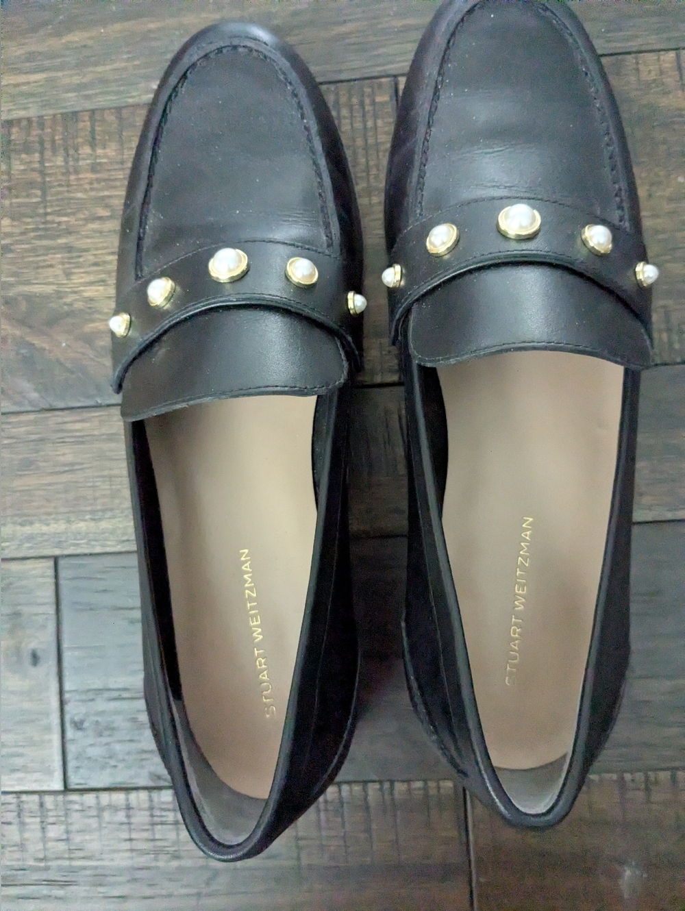 Stuart Weitzman Black Pearl-Accent Leather Loafers